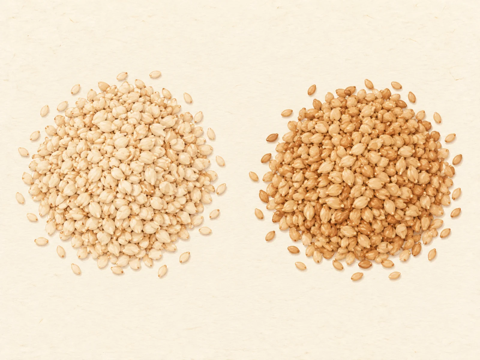 A pile of pale untoasted sesame seeds beside a pile of golden-brown toasted sesame seeds, painted illustration of sesame oil raw materials