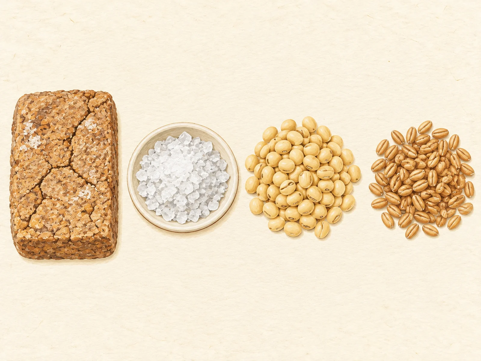 A cracked meju block, coarse salt in a small plain dish, dried yellow soybeans and wheat grains in one row, painted illustration of ganjang raw materials