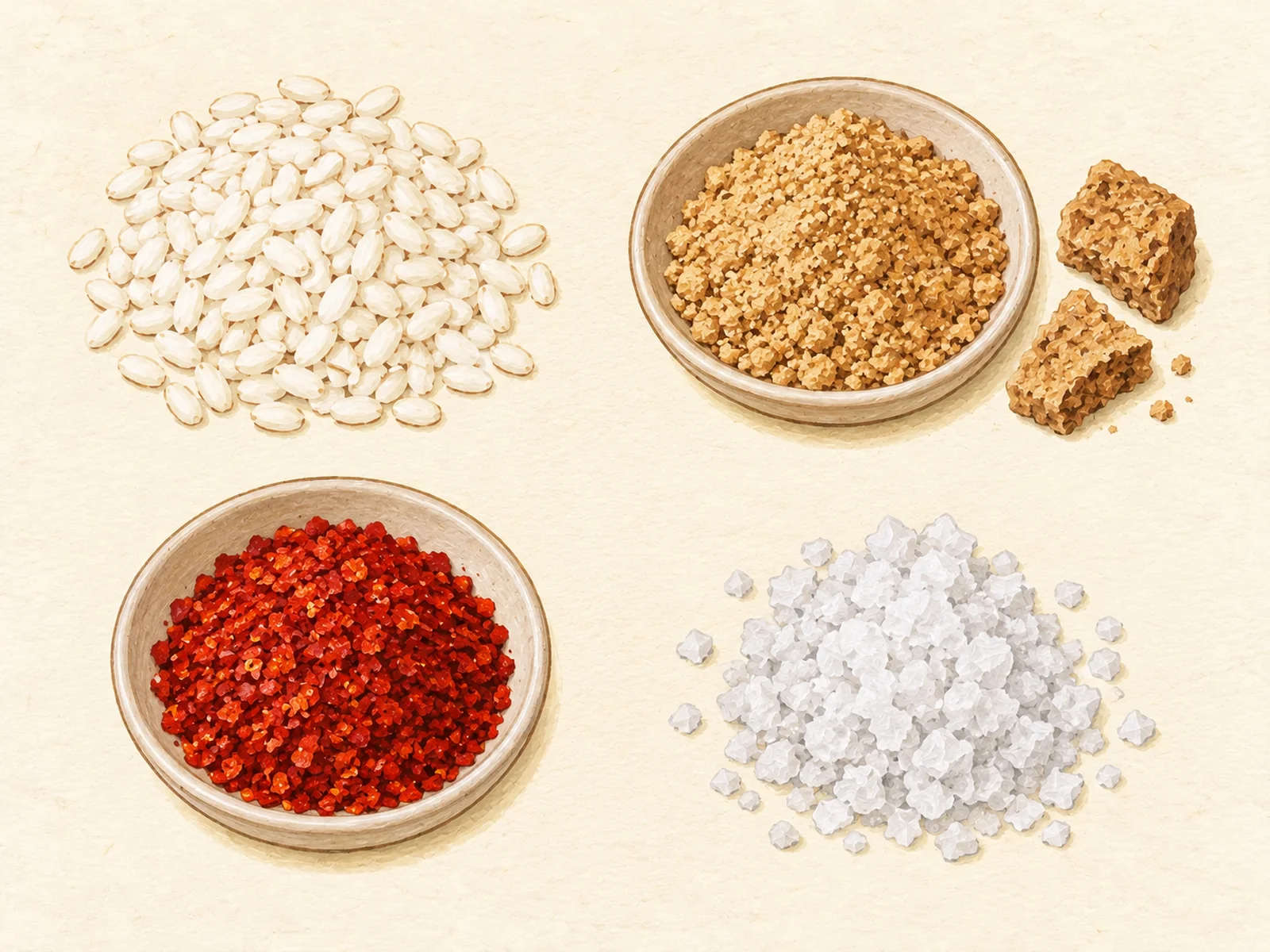 Glutinous rice, fermented soybean powder with meju pieces, Korean chili flakes and coarse salt in two rows, painted illustration of gochujang raw materials