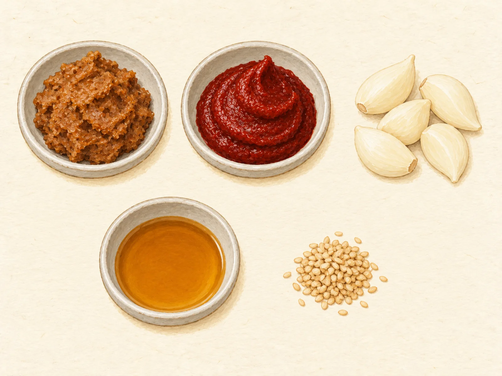 Doenjang and gochujang in small dishes, garlic cloves, sesame oil in a dish and toasted sesame seeds in two rows, painted illustration of ssamjang raw materials