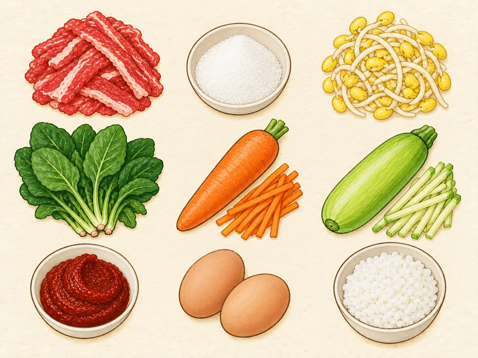 Bibimbap ingredients in three rows: beef strips, sugar, soybean sprouts, spinach, carrot, aehobak, gochujang, two eggs and cooked rice, painted illustration