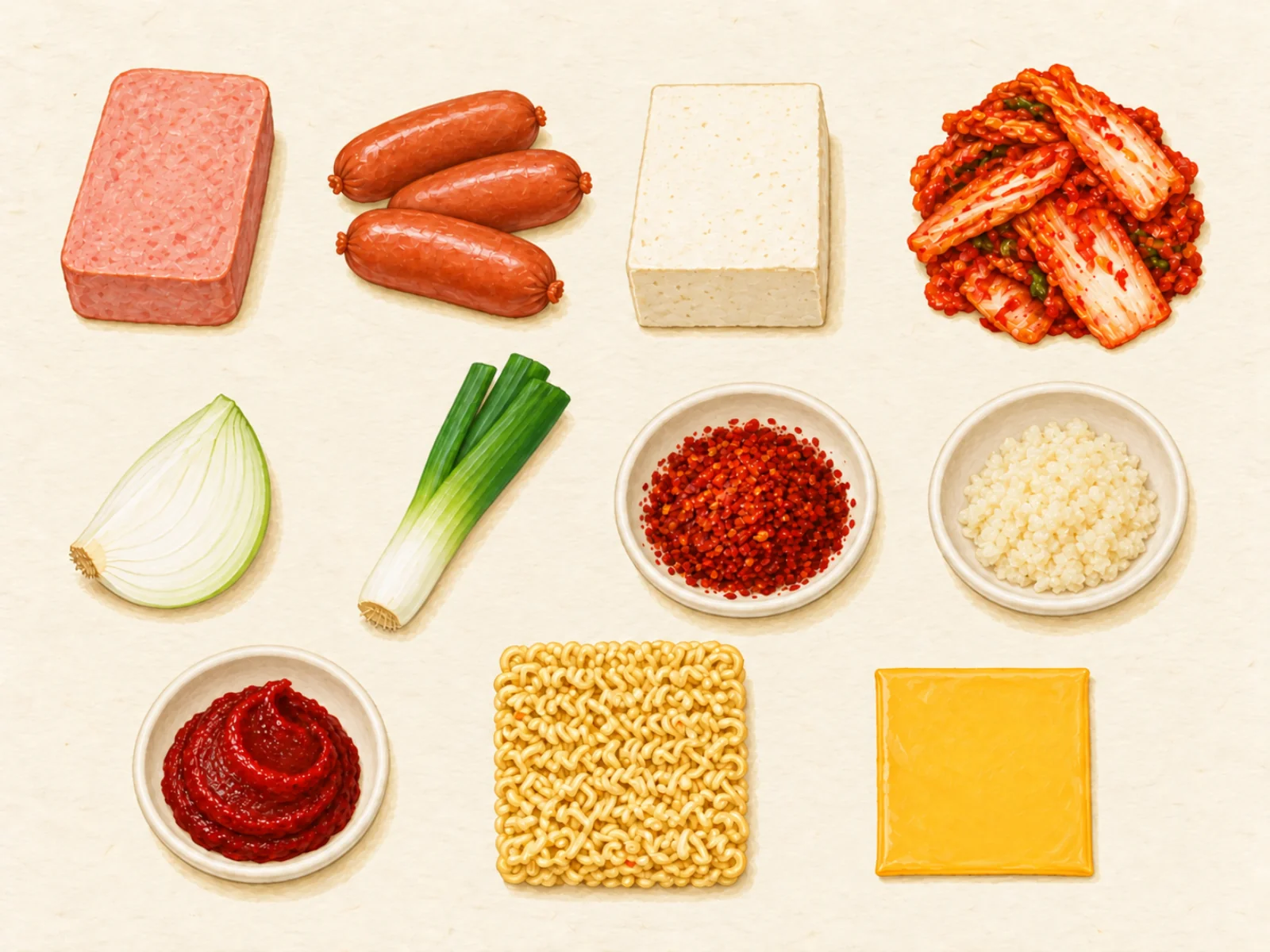 Budae jjigae ingredients in three rows: canned ham, sausages, tofu, kimchi, onion, green onion, gochugaru, minced garlic, gochujang, a block of ramyeon noodles and a cheese slice, painted illustration