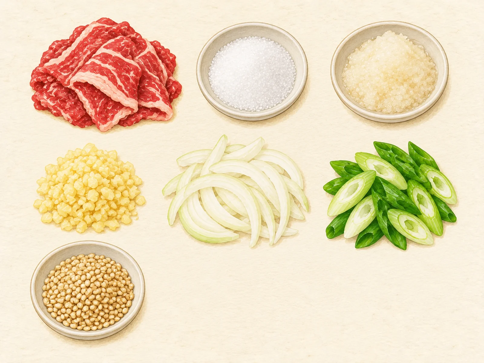 Bulgogi ingredients: sliced beef, sugar, grated Korean pear, minced garlic, onion, green onion and sesame seeds, painted illustration