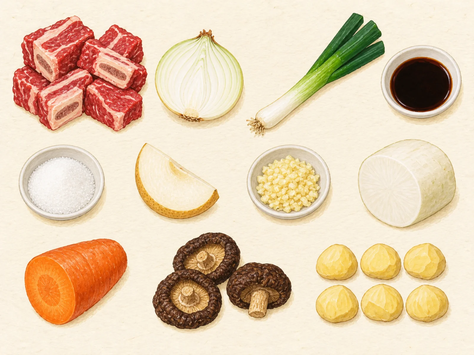 Galbi-jjim ingredients in three rows: raw short ribs, onion, green onion, soy sauce, sugar, Korean pear, minced garlic, radish, carrot, dried mushrooms and chestnuts, painted illustration