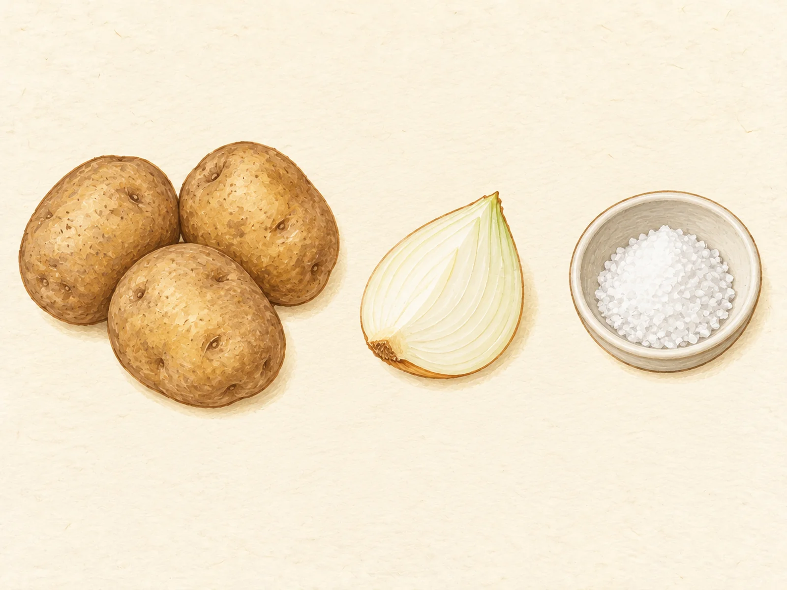 Gamja-jeon ingredients in one row: three unpeeled potatoes, a quarter of an onion and a small dish of salt, painted illustration