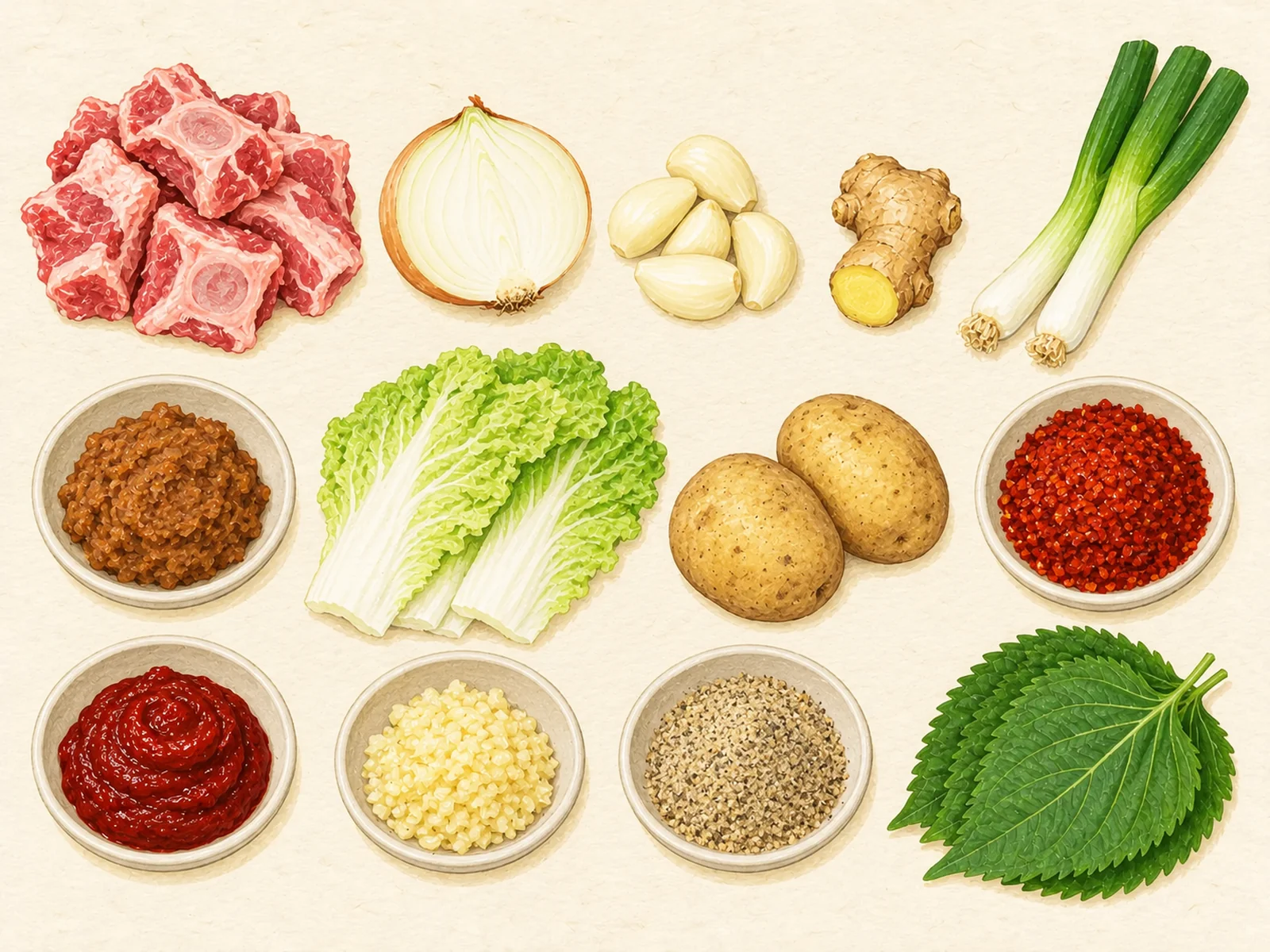 Gamjatang ingredients in three rows: raw pork bones, onion, garlic cloves, ginger, green onions, doenjang, cabbage leaves, potatoes, gochugaru, gochujang, minced garlic, ground perilla seeds and perilla leaves, painted illustration