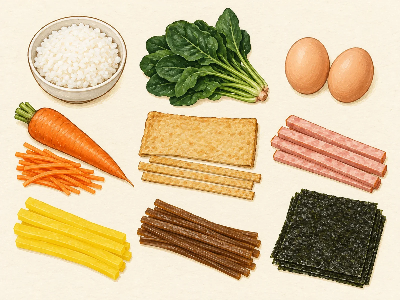 Gimbap ingredients in three rows: cooked rice, spinach, two eggs, carrot, eomuk, ham, danmuji, burdock root and gim sheets, painted illustration