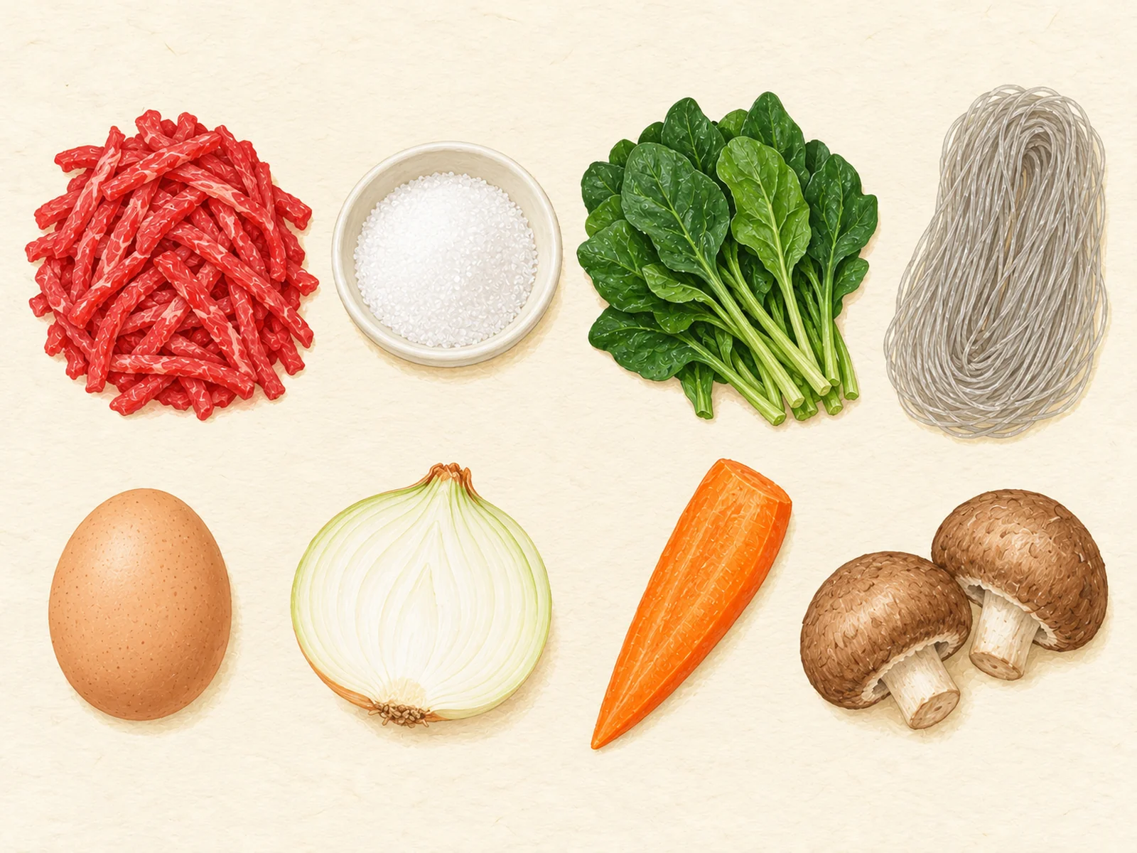 Japchae ingredients in two rows: raw beef strips, sugar, spinach, dried glass noodles, an egg, onion, carrot and fresh mushrooms, painted illustration