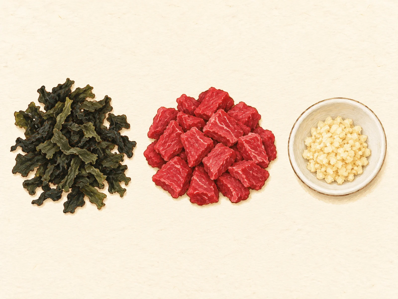 Miyeokguk ingredients in one row: dried cut seaweed, raw beef pieces for soup and minced garlic in a dish, painted illustration
