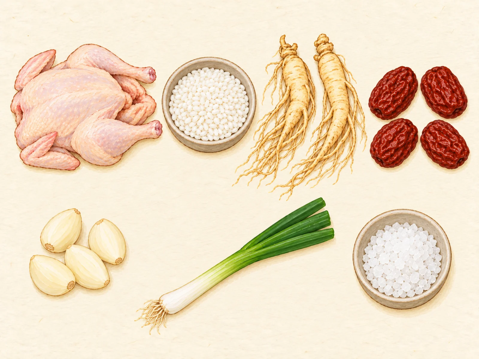 Samgyetang ingredients in two rows: a raw small chicken, dry glutinous rice, two fresh ginseng roots, four dried jujubes, peeled garlic cloves, a green onion and coarse salt, painted illustration